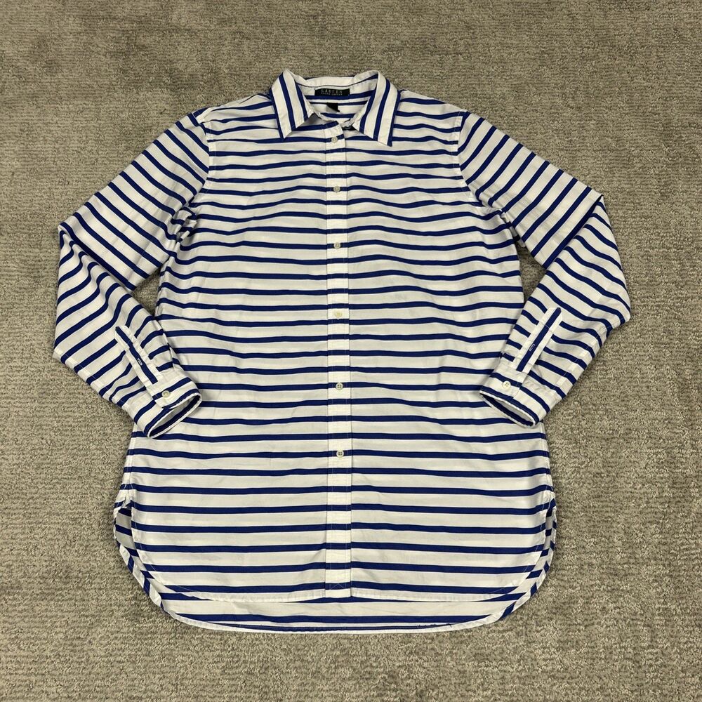 Ralph Lauren LRL Shirt Womens Large Blue White Stripe Button Up Coastal Nautical